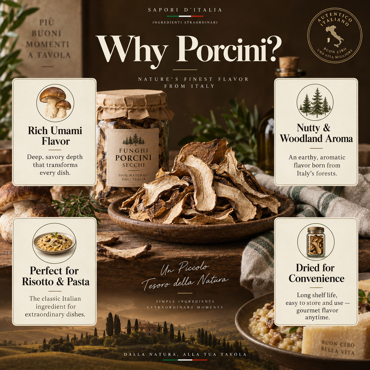 Italian Wild Dried Porcini Mushrooms, Gourmet Fungi for Risotto, Pasta & Soups