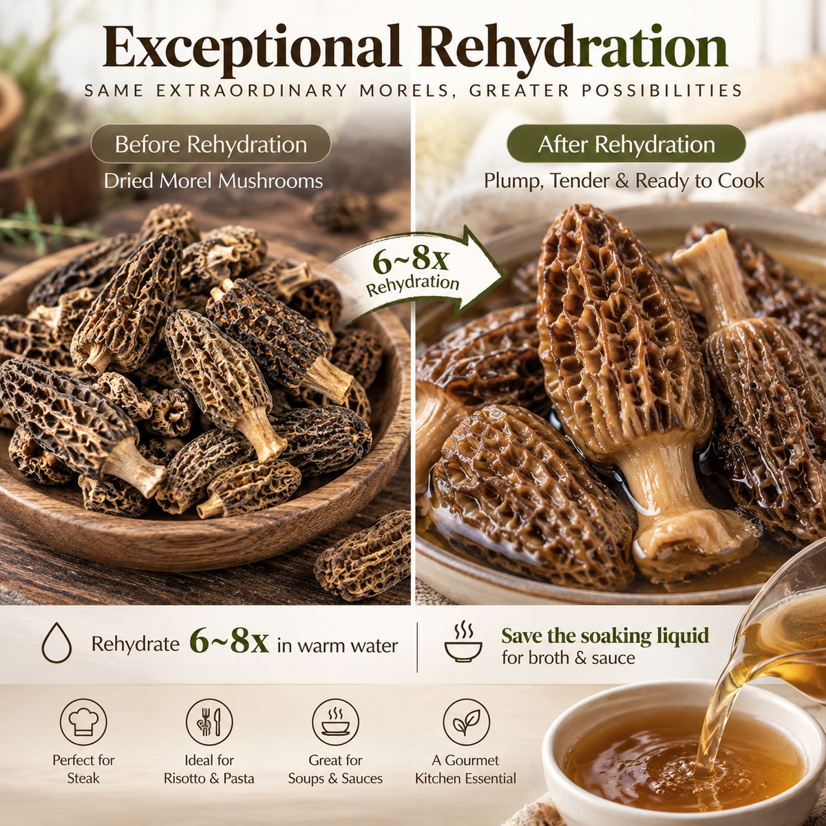North American Cultivated Dried Morel Mushrooms, Grade A Morchella, Gourmet Mushrooms for Steak, Risotto & Pasta