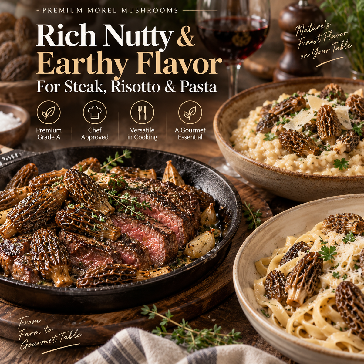 North American Cultivated Dried Morel Mushrooms, Grade A Morchella, Gourmet Mushrooms for Steak, Risotto & Pasta