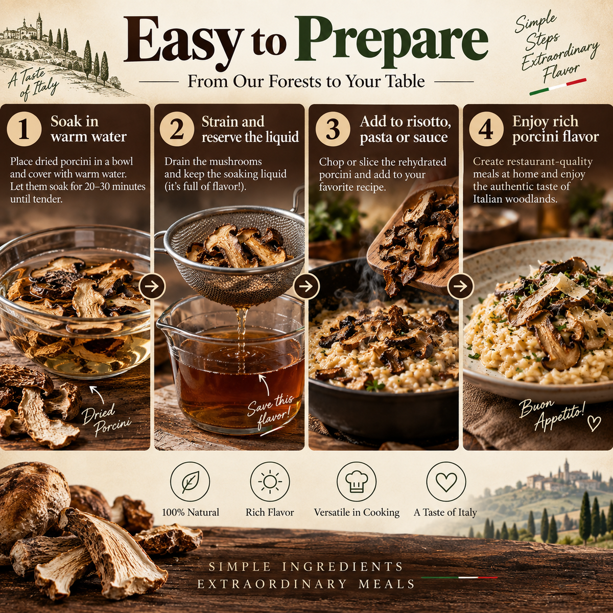 Italian Wild Dried Porcini Mushrooms, Gourmet Fungi for Risotto, Pasta & Soups